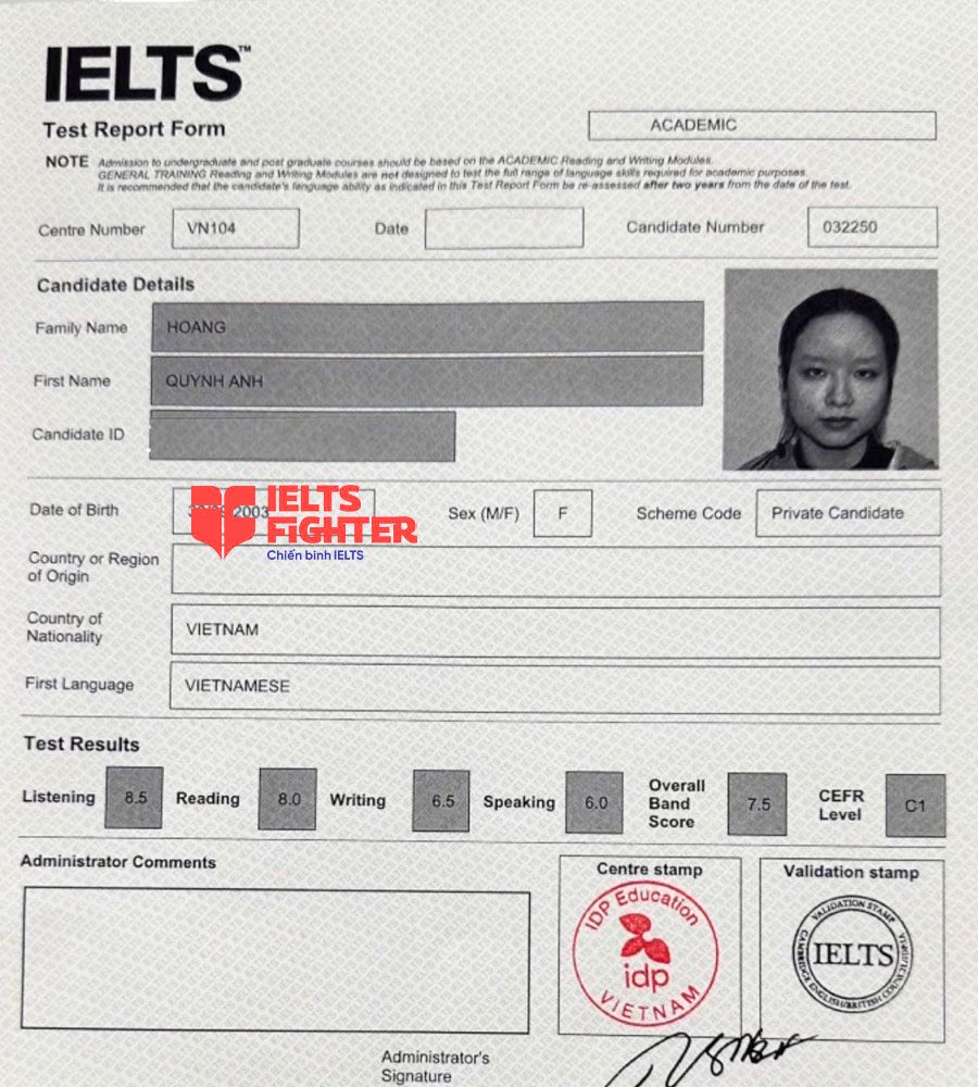 bảng điểm Quỳnh Anh 7.5 IELTS