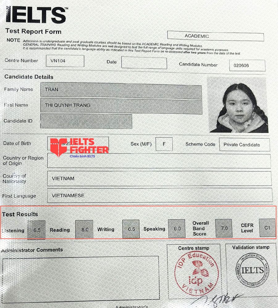 bảng điểm quỳnh trang 7.0 IELTS