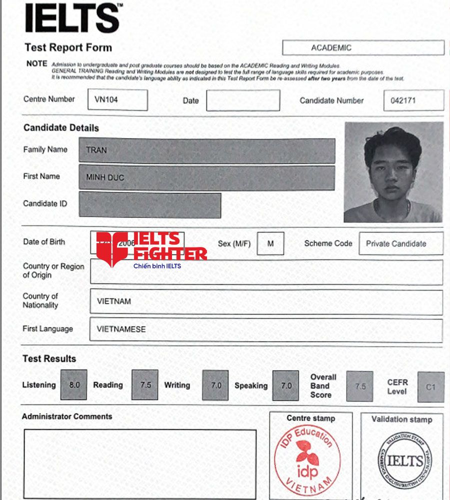 bảng điểm Minh đức 7.5 IELTS