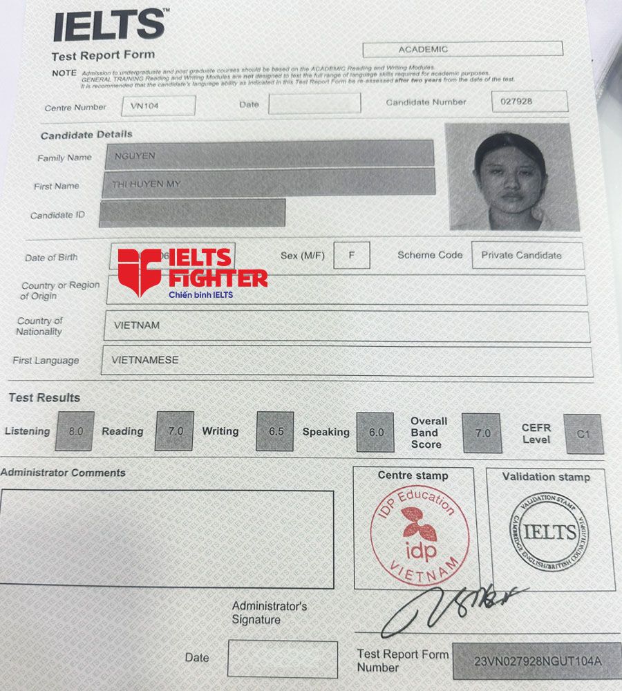bảng điểm huyền my 7.0 IELTS