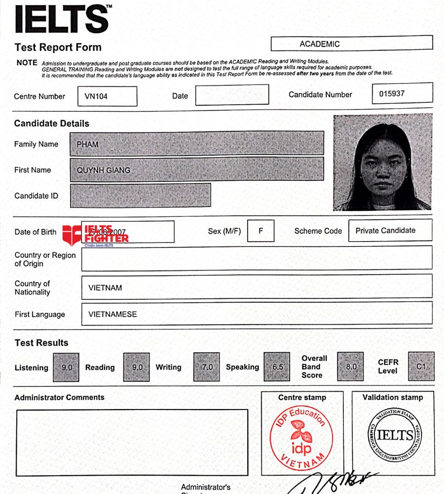 Chứng chỉ Phạm Quỳnh Giang 7.5 IELTS