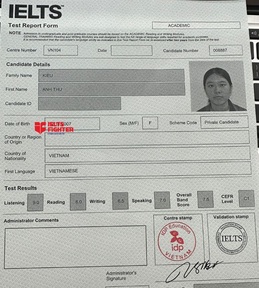 Chứng chỉ Kiều Anh Thư 7.5 IELTS