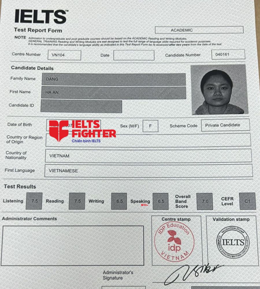 bảng điểm Hà An 7.0 IELTS
