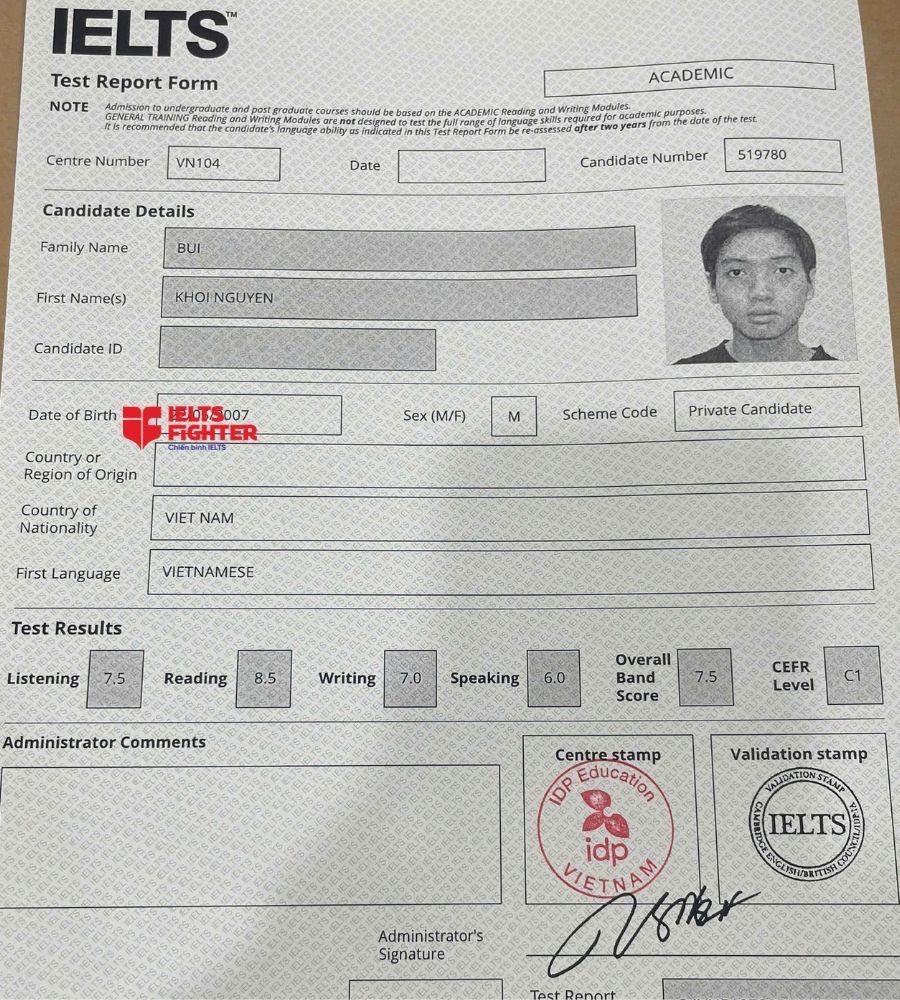 Chứng chỉ Bùi Khôi Nguyên 7.0 IELTS