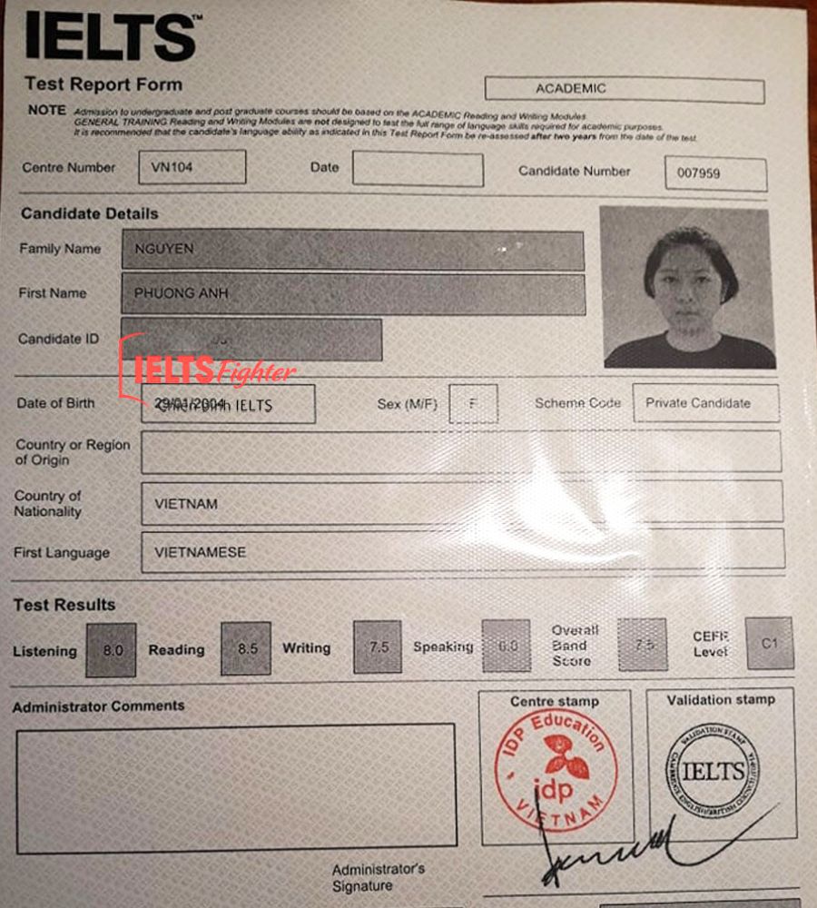 học viên Phương Anh bảng điểm 7.5