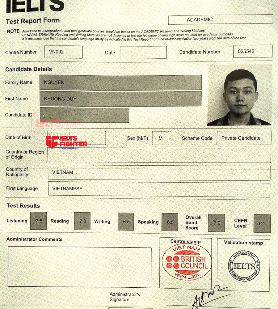 học viên Khương Duy bảng điểm 7.0