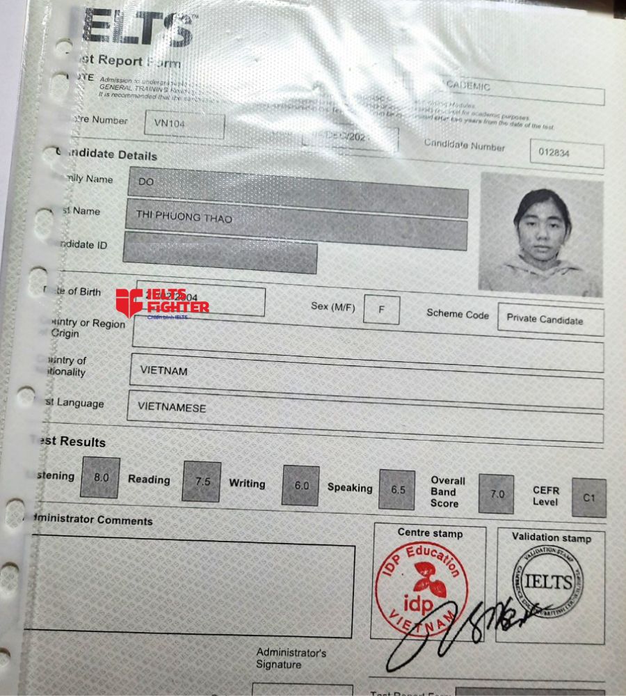 học viên phương thảo bảng điểm 7.0