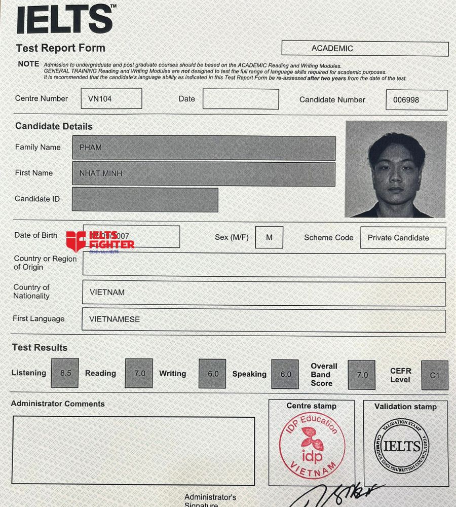 Chứng chỉ Phạm Nhật Minh  7.0 IELTS