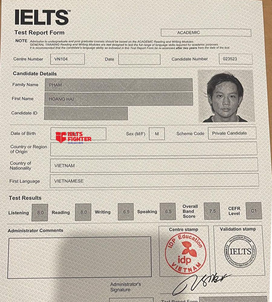 bảng điểm hoàng hải 7.5 IELTS