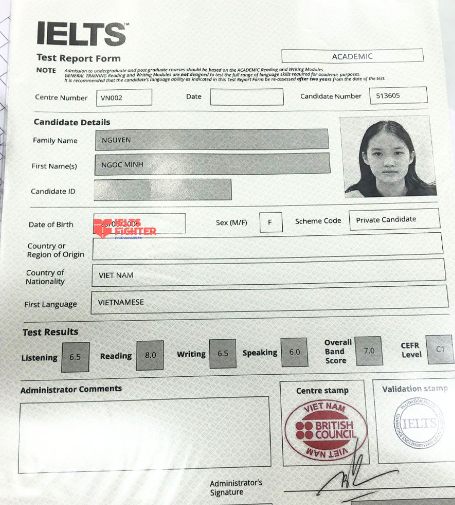 bảng điểm Hà Thanh 7.0 IELTS