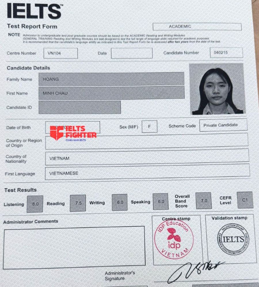 bảng điểm Hoàng Minh Châu 7.0 IELTS