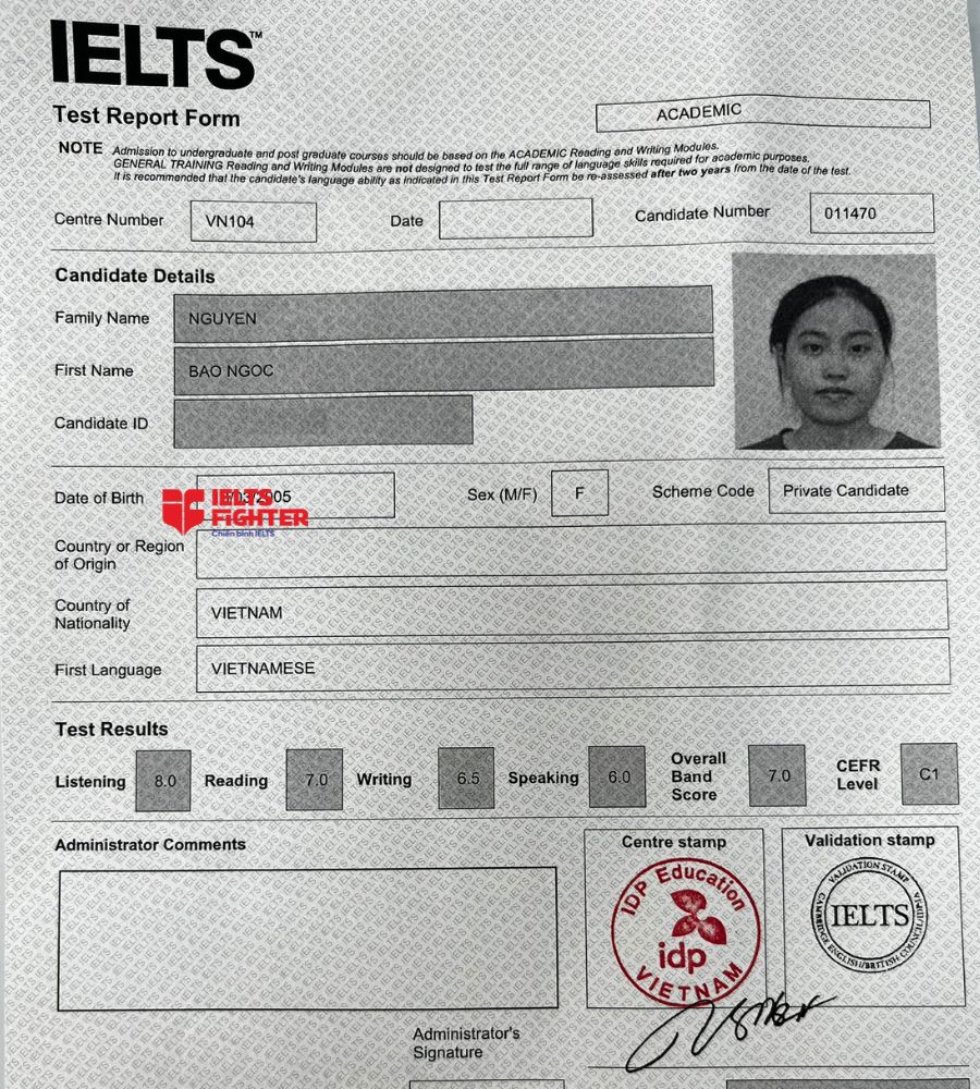 bảo ngọc 7.0 ielts bảng điểm