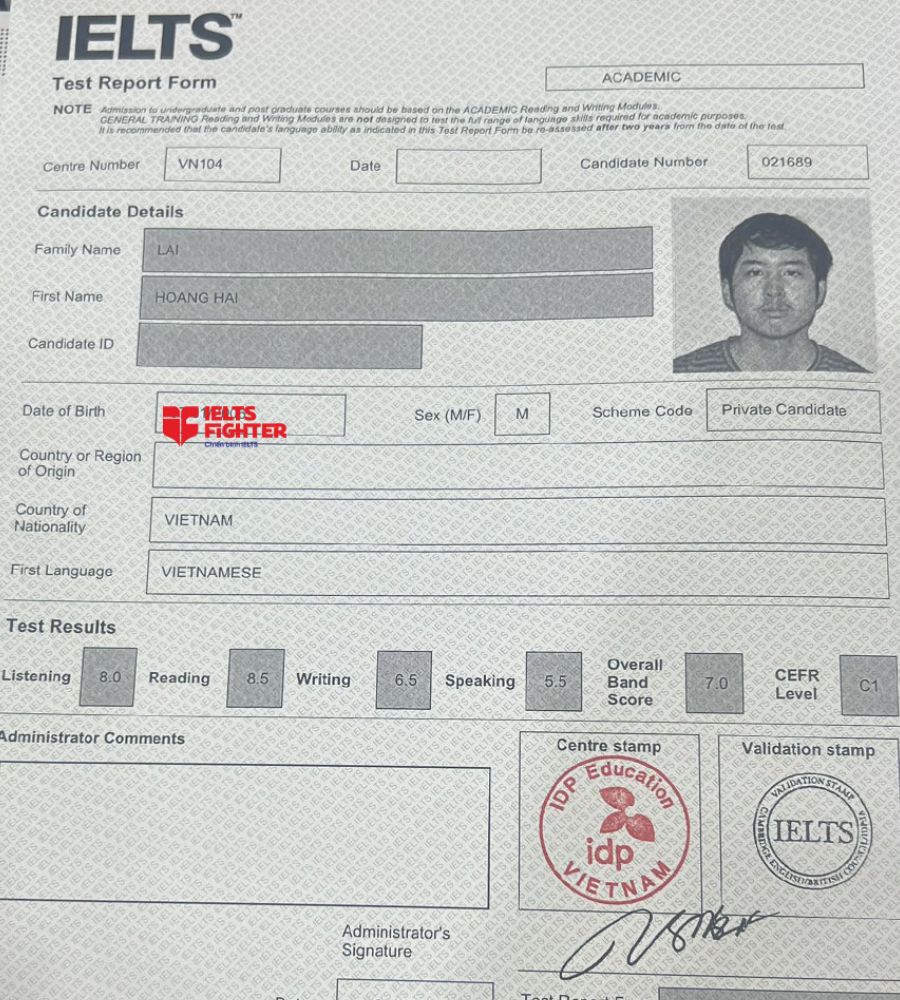 bảng điểm hoàng hải 7.0 IELTS