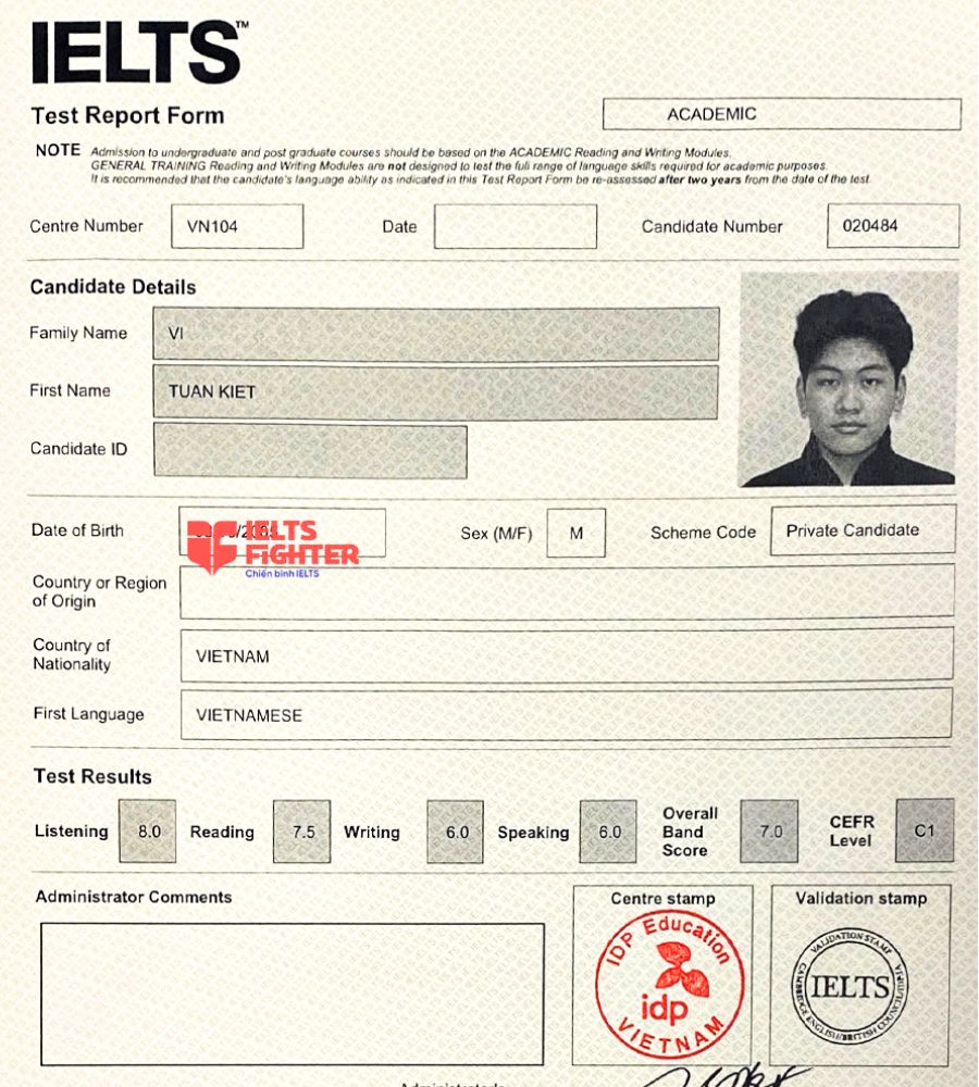 bảng điểm tuấn kiệt 7.0 ielts