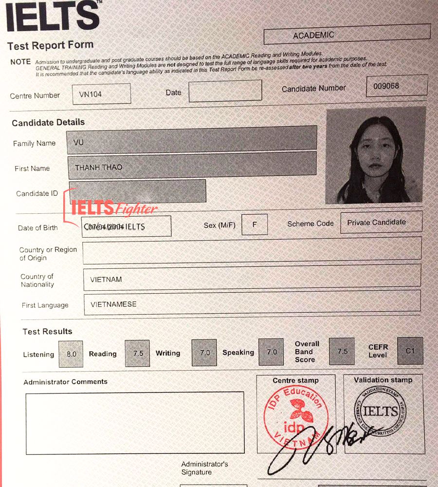 học viên thanh thảo bảng điểm 7.5