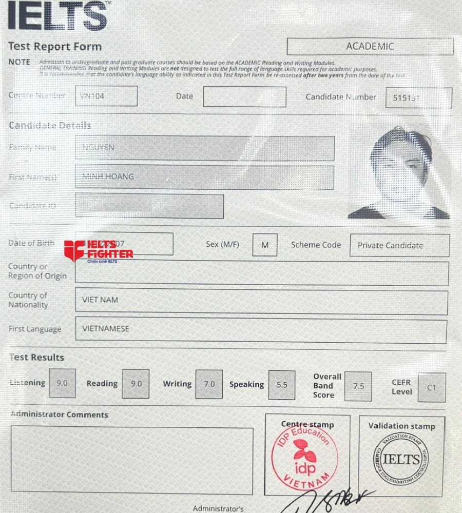 Chứng chỉ Nguyễn Minh Hoàng 7.5 IELTS