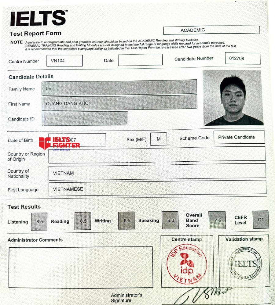Chứng chỉ Lê Quang Đăng Khôi  7.5 IELTS