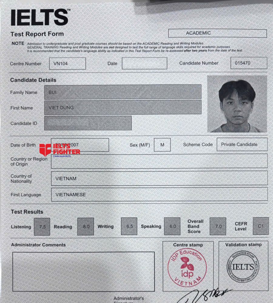 Chứng chỉ Bùi Việt Dũng  7.0 IELTS