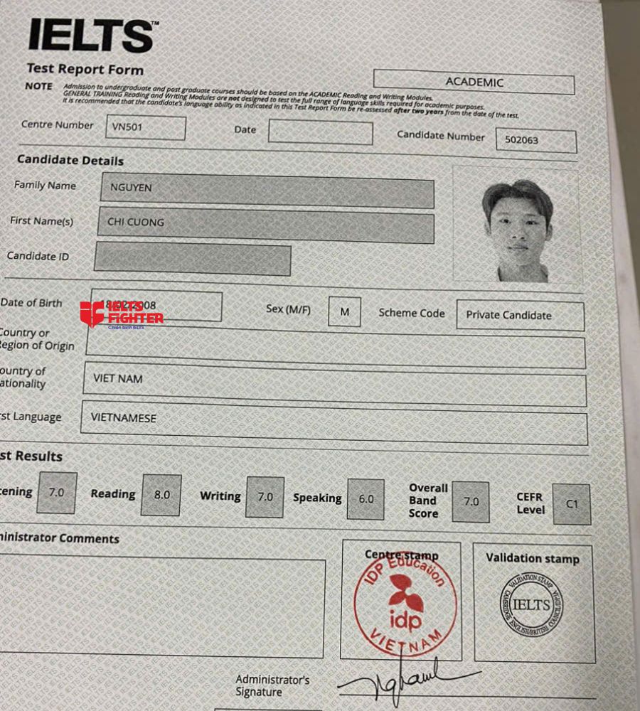 Chứng chỉ Nguyễn Chí Cường 7.0 IELTS