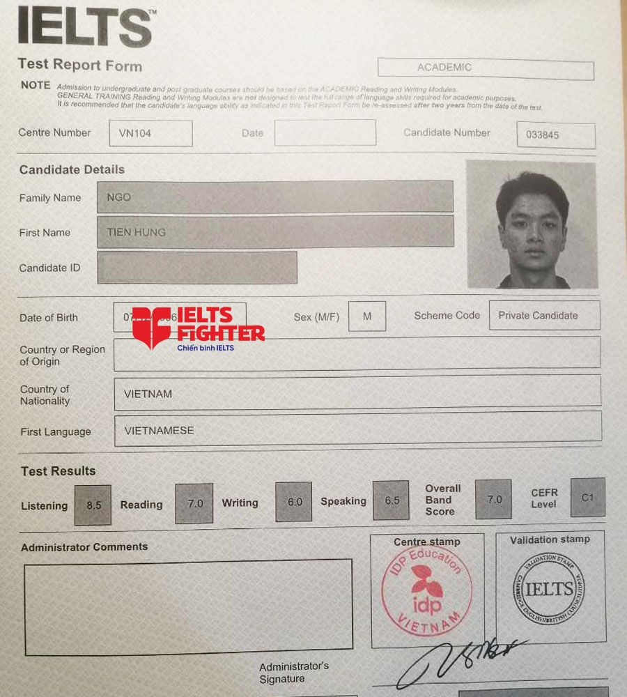 bảng điểm Tiến hùng 7.0 IELTS