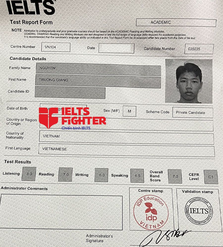 bảng điểm Trường Giang 7.0 IELTS