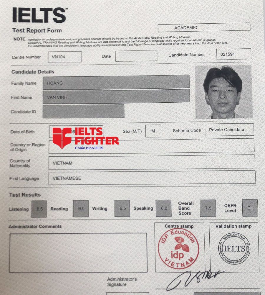 bảng điểm văn vinh 7.5 ielts