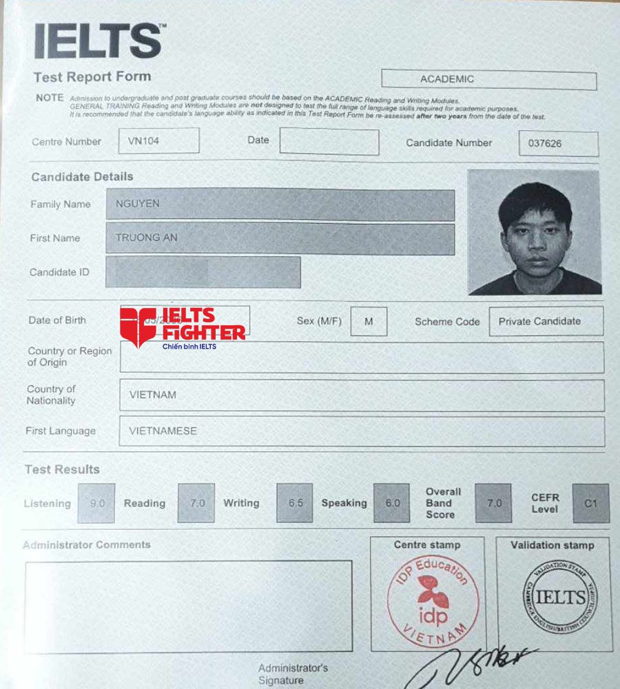bảng điểm trường an 7.0 IELTS