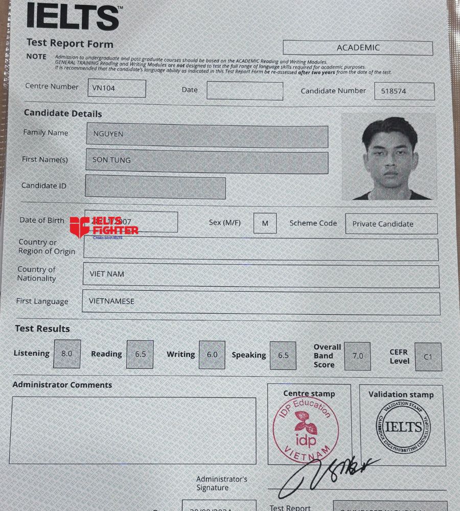Chứng chỉ Nguyễn Sơn Tùng  7.0 IELTS