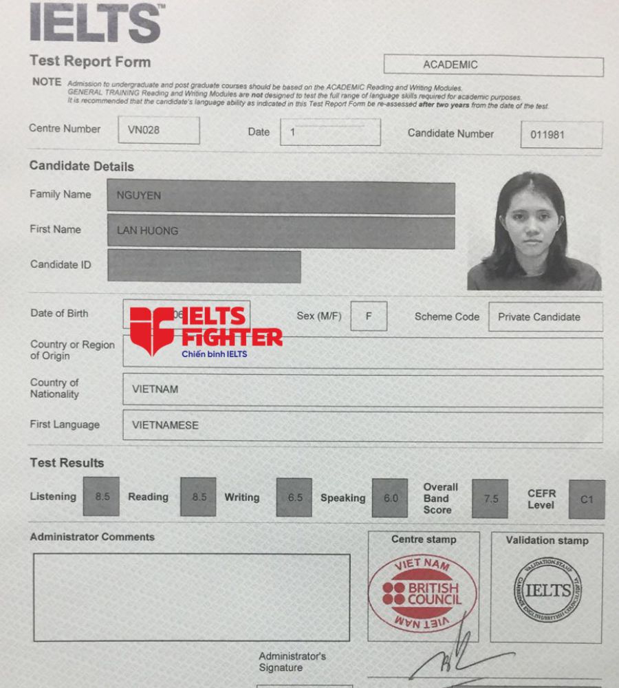 bảng điểm Lan Hương 7.5 IELTS