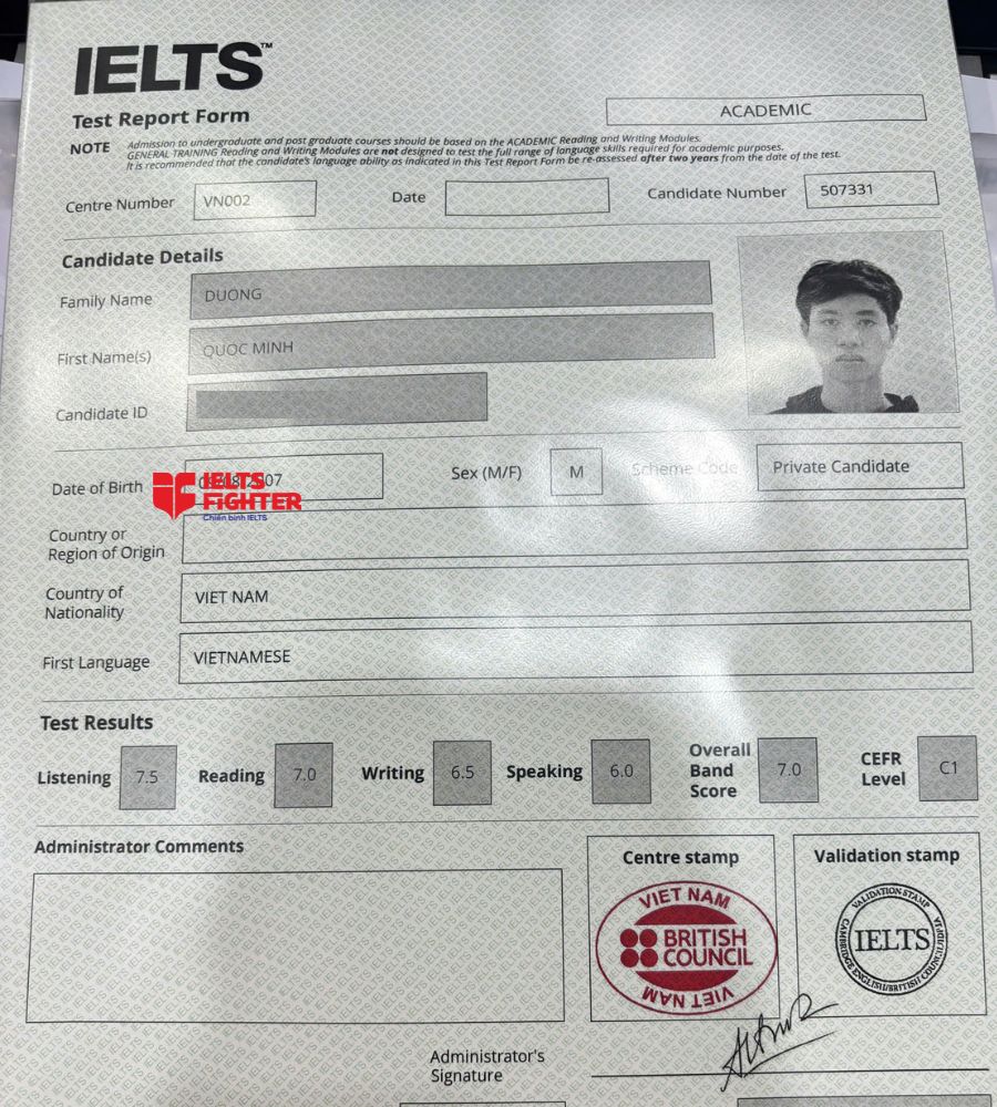 Chứng chỉ Dương Quốc Minh  7.0 IELTS
