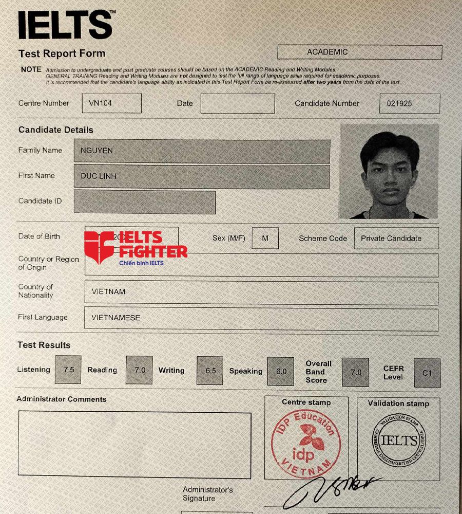 bảng điểm Đức Linh 7.5 IELTS