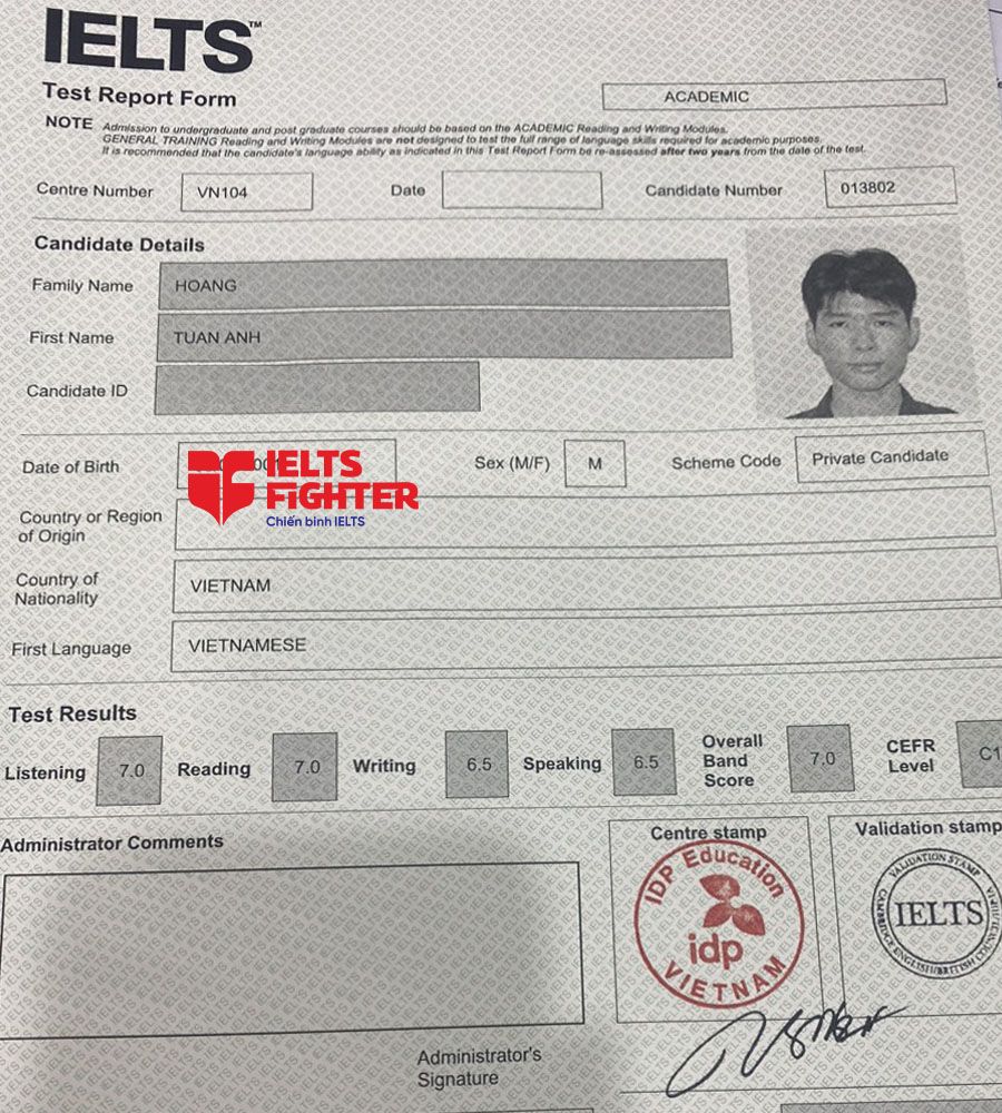 bảng điểm tuấn anh 7.0 IELTS