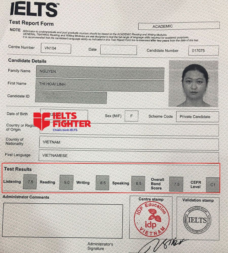 bảng điểm hoài linh 7.5 IELTS 