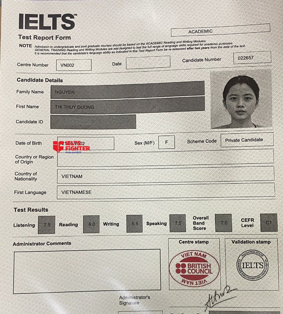Chứng chỉ Nguyễn Thị Thuỳ Dương  7.0 IELTS