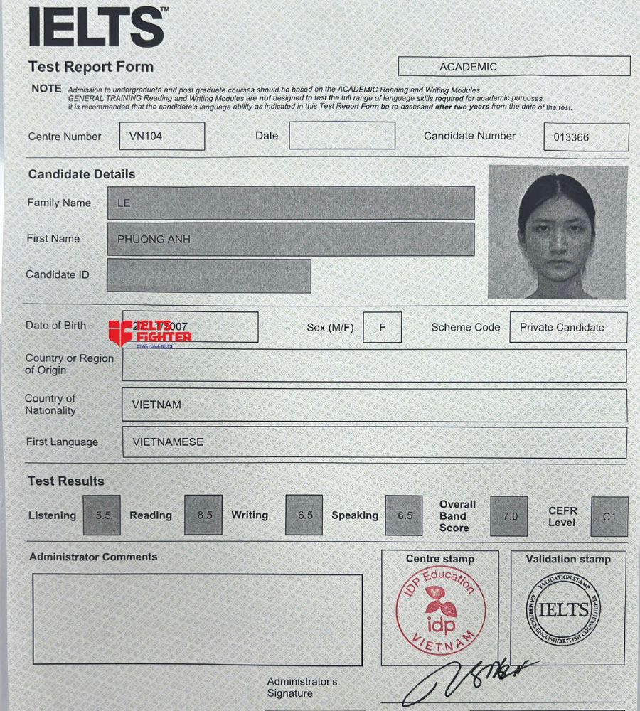 Chứng chỉ Lê Phương Anh 7.0 IELTS