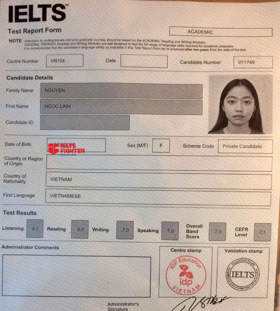 Chứng chỉ Nguyễn Ngọc Linh 7.0 IELTS