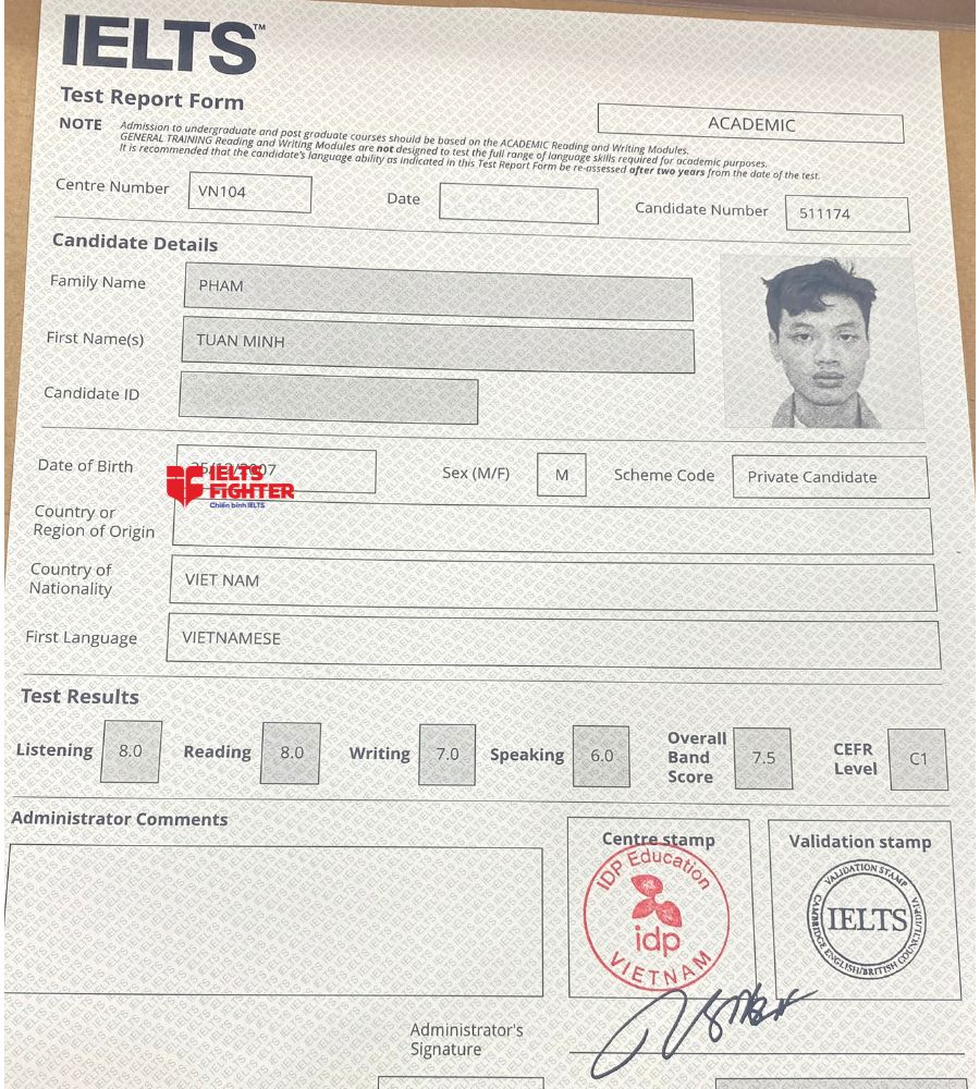 Chứng chỉ Phạm Tuấn Minh 7.5 IELTS