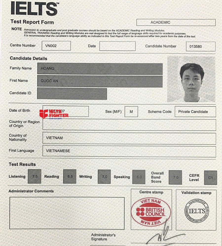 Chứng chỉ Hoàng Quốc An 7.0 IELTS