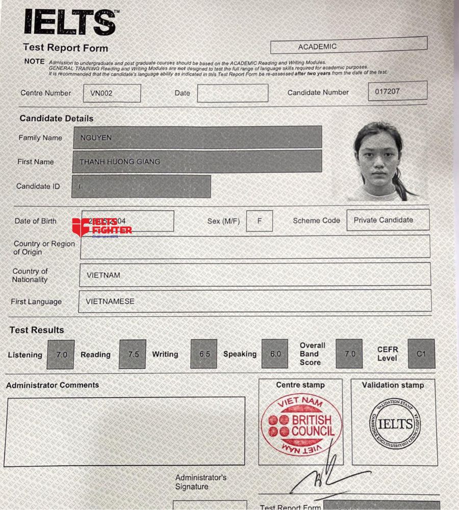 Chứng chỉ Nguyễn Thanh Hương Giang 7.0 IELTS