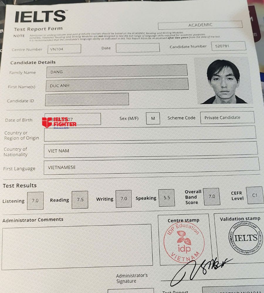 Chứng chỉ Đặng Đức Anh 7.0 IELTS