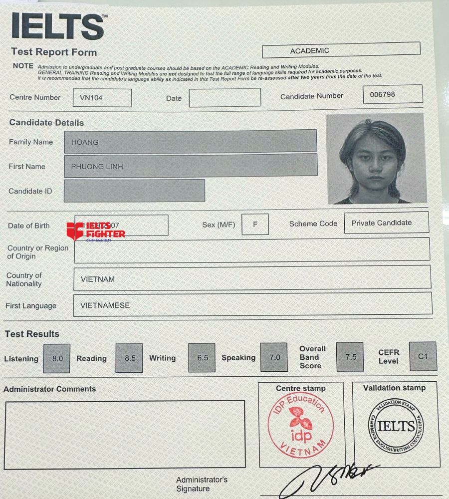 Chứng chỉ Hoàng Phương Linh 7.5 IELTS