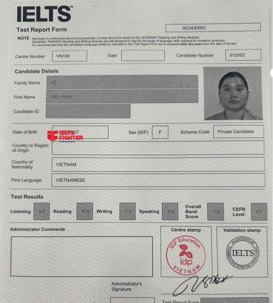 Chứng chỉ Lê Diệu Anh   7.5 IELTS