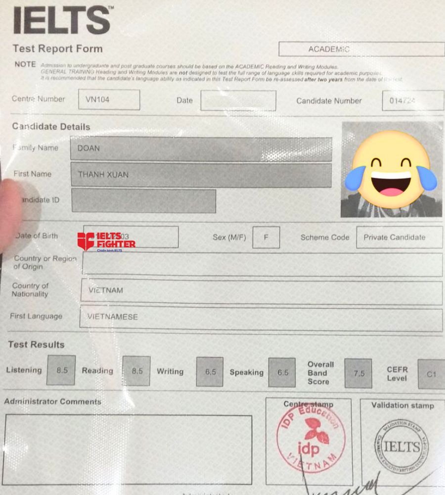 Chứng chỉ Đoàn Thanh Xuân 7.5 IELTS