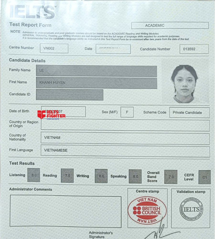 Chứng chỉ Lê Khánh Huyền 7.5 IELTS
