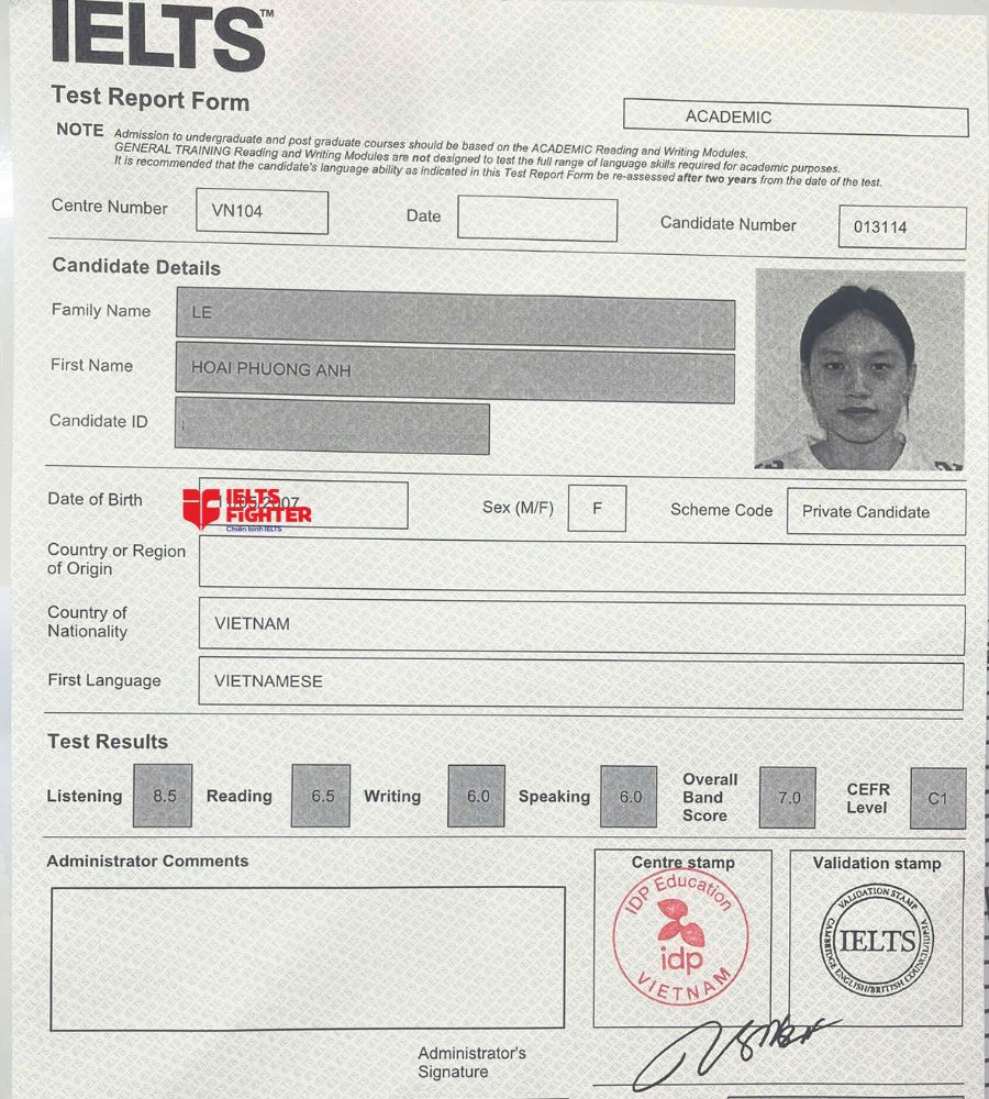 Chứng chỉ Lê Hoài Phương Anh 7.5 IELTS