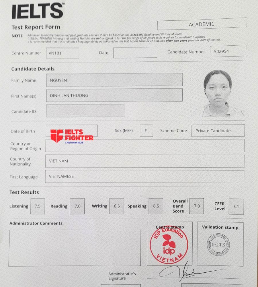 bằng Nguyễn Đình Lan Thương 7.0 IELTS