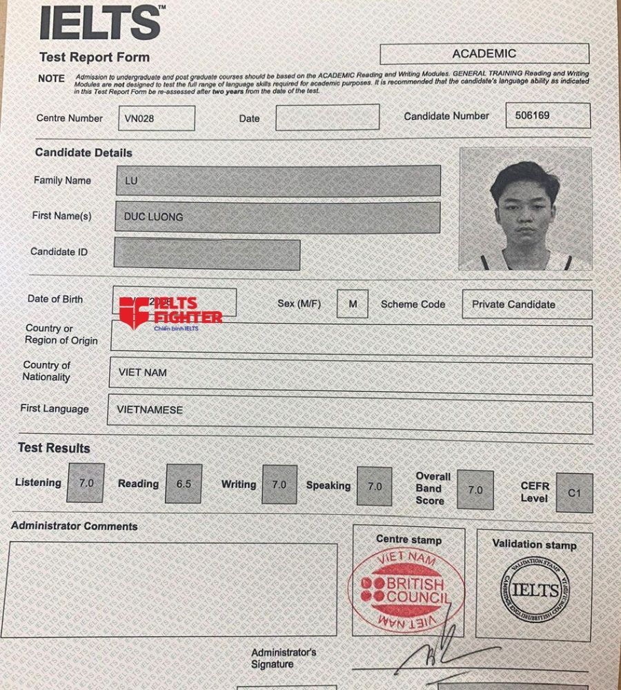 bằng Lữ Đức Lương 7.0 IELTS