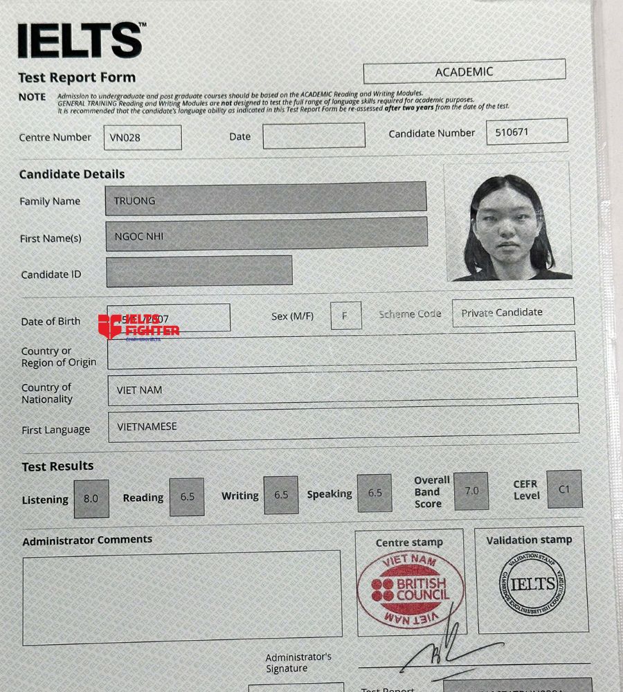 Chứng chỉ Trương Ngọc Nhi  7.0 IELTS