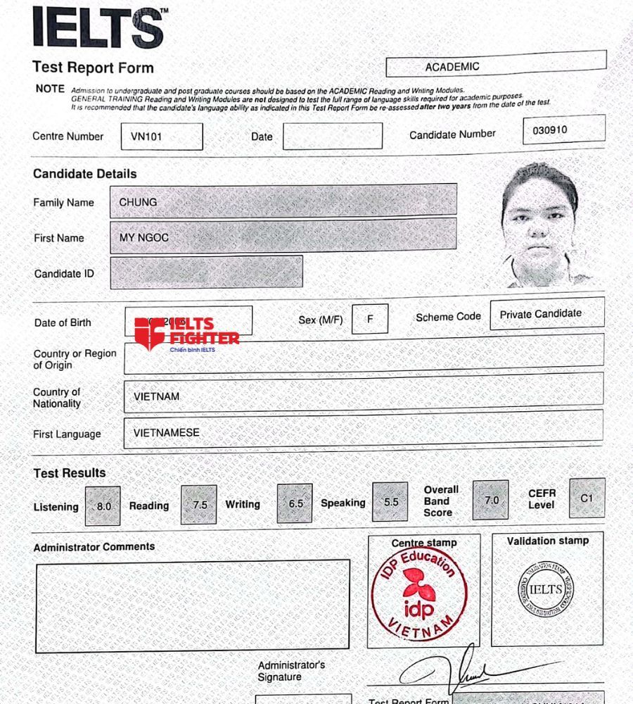 bảng điểm Chung Mỹ Ngọc 7.0 IELTS