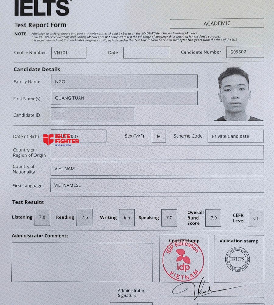 Chứng chỉ Ngô Quang Tuấn  7.0 IELTS